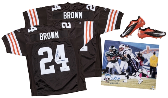 Lot of (4) Sheldon Brown Signed Cleveland Browns Jerseys, Pair of Cleats & Philadelphia Eagles 20x24 Photo (Beckett)